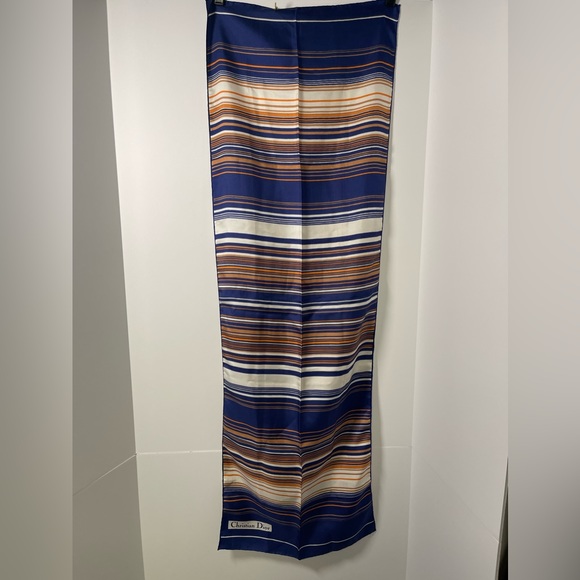 Christian DIOR Rare Vintage Rectangular Blue/Orange/Tan/White Striped Silk Scarf - Picture 2 of 10